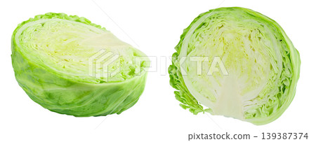 Fresh cabbage cut in half isolated on white background, green cabbage close up Fresh cabbage cut in half isolated on white background, green cabbage close up 139387374