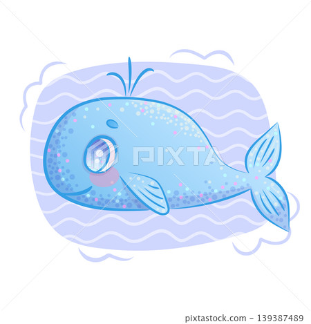 Cute cartoon blue whale spewing water on a blue background. Cartoon children's vector illustration for the design of postcards, postcards for printing, textiles, stickers Cute cartoon blue whale spewing water on a blue background. Cartoon children's vector illustration for the design of postcards, postcards for printing, textiles, stickers 139387489