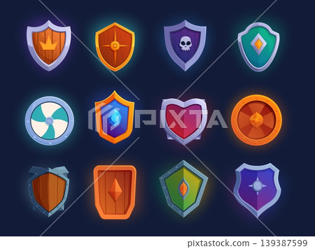 Game shields icons. Golden silver wooden shield for medieval fantasy play, rpg elements. Safety weapon for warriors with magical stones, assets, sapid vector set Game shields icons. Golden silver wooden shield for medieval fantasy play, rpg elements. Safety weapon for warriors with magical stones, assets, sapid vector set 139387599