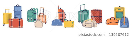 Doodle travel suitcases. Bag, backpack and suitcase, plastic and textile bags for luggage. Different baggage groups, vacation, tourism, neoteric vector set Doodle travel suitcases. Bag, backpack and suitcase, plastic and textile bags for luggage. Different baggage groups, vacation, tourism, neoteric vector set 139387612
