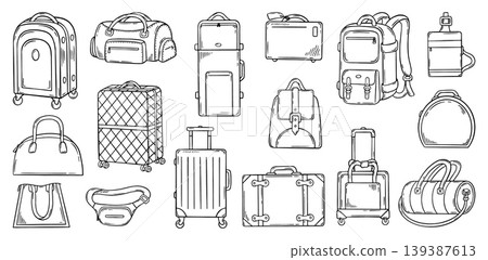 Doodle travel bags. Backpack, handbag, big and small suitcases. Bag for tourism, leisure, job journey in airplane, bus, car or train, neoteric vector set Doodle travel bags. Backpack, handbag, big and small suitcases. Bag for tourism, leisure, job journey in airplane, bus, car or train, neoteric vector set 139387613