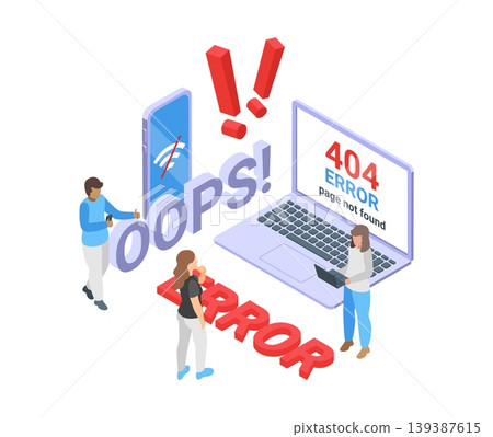 Page not found. 404 error isometric concept. Online line disconnected, no wifi and internet. People waiting connection with laptop, smartphone, vector 3d scene 139387615