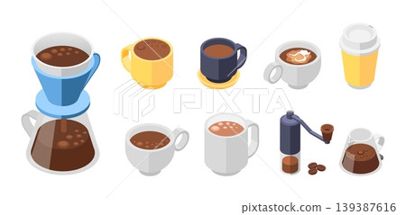 Isometric coffee cups. Take away americano, mugs with cappuccino, espresso, macchiato and filter. Isolated grinder and pot, morning hot drink, vector set Isometric coffee cups. Take away americano, mugs with cappuccino, espresso, macchiato and filter. Isolated grinder and pot, morning hot drink, vector set 139387616