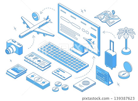 Online booking. Buying ticket in app with credit card. Travel documents, airplane, map and photo camera. Preparing for trip, vacations, nifty vector scene Online booking. Buying ticket in app with credit card. Travel documents, airplane, map and photo camera. Preparing for trip, vacations, nifty vector scene 139387623