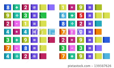 Toddler math exercises. Mathematics lesson, learning to count, add, subtract, multiply, divide. Examples and empty cells for answers, educational sapid vector template 139387626
