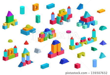 Cubes castles. Children geometric toys for building different houses and towers. Plastic wooden 3d cartoon elements for kids development play, sapid vector set 139387632