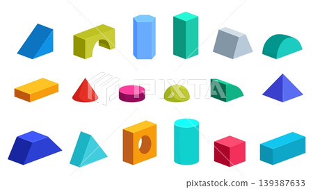 Cartoon children building blocks. Plastic or wooden block for kids play, tower, castle, homes building. Simple geometric shapes, toys sapid vector set 139387633