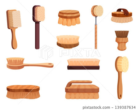 Cartoon scrub brushes. Brush for peeling in bath, sauna or douche. Body refreshing wooden equipments. Anti cellulite massage accessories, skin care elements, sapid vector set Cartoon scrub brushes. Brush for peeling in bath, sauna or douche. Body refreshing wooden equipments. Anti cellulite massage accessories, skin care elements, sapid vector set 139387634