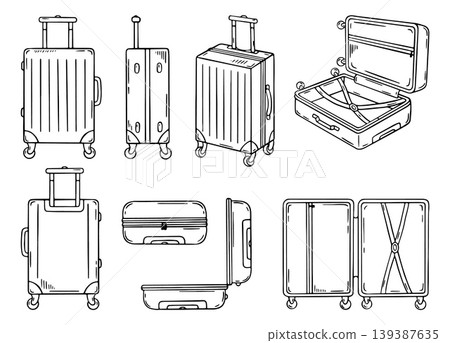 Close open suitcase. Empty travel suitcases, cabin luggage. Bag for seasonal trip or job journey. Vintage style elements for vacation, neoteric vector clipart Close open suitcase. Empty travel suitcases, cabin luggage. Bag for seasonal trip or job journey. Vintage style elements for vacation, neoteric vector clipart 139387635