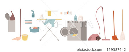Household elements. Isolated cartoon iron, laundry in washing basin, vacuum cleaner. Washer machine with detergent bottle, broom and bucket with water, vector set 139387642