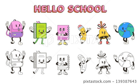 Hello school groovy characters. Funny coloring templates with color samples for children, toddlers. Book, notebook, pencil, backpack and bell, globe, vector set Hello school groovy characters. Funny coloring templates with color samples for children, toddlers. Book, notebook, pencil, backpack and bell, globe, vector set 139387643