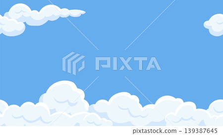 Clouds in blue sky seamless banner. White cloud flying background. Decorative cartoon elements, poster template with empty space, vector design 139387645