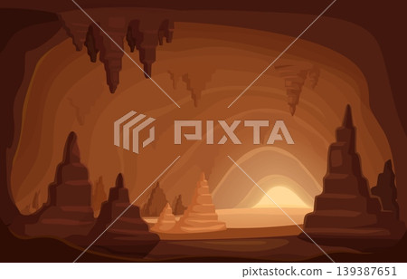 Underground stalactites cave. Mountain tunnel with sand or stone outgrowths. Rock stalagmites, limestone, volcanic rocks. Nature illustrations, sapid vector scene 139387651
