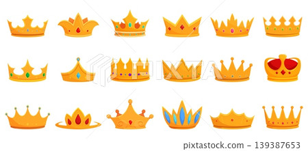 Cartoon diadem and crown. King queen head decorations with gemstones. Isolated golden crowns tiaras, monarch jewelry symbols. Royal sapid vector clipart Cartoon diadem and crown. King queen head decorations with gemstones. Isolated golden crowns tiaras, monarch jewelry symbols. Royal sapid vector clipart 139387653