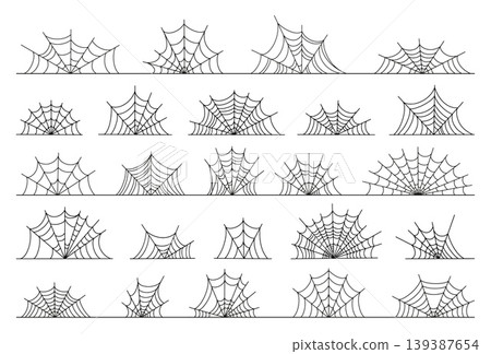 Cobweb dividers. Black spider web, halloween doodle horrible elements. Spooky webs design for banners, placards, posters, cards, neoteric vector set Cobweb dividers. Black spider web, halloween doodle horrible elements. Spooky webs design for banners, placards, posters, cards, neoteric vector set 139387654