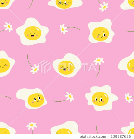 Fried eggs seamless pattern. Funny egg and chamomile flowers. Positive spring summer print for wallpaper design, fabric, children textile, nowaday vector background Fried eggs seamless pattern. Funny egg and chamomile flowers. Positive spring summer print for wallpaper design, fabric, children textile, nowaday vector background 139387656