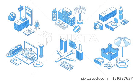 Isometric travelling concepts. Travel with bus, airplane, cruise ship journey. Outdoor seasonal vacations, tourism on ocean, airport check in, nifty vector scenes 139387657