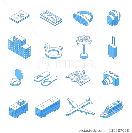 Isometric line travel icons. 3d line airplane, ship, buses. Isolated hotel building, summer swim accessories, suitcase. Tourism, leisure, vacations nifty vector set Isometric line travel icons. 3d line airplane, ship, buses. Isolated hotel building, summer swim accessories, suitcase. Tourism, leisure, vacations nifty vector set 139387658