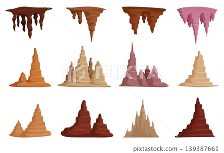 Cave stalactites. Cartoon stalagmites, inside mountain stone rocks. Sand mountains, underground tunnel mineral outgrowths, sapid limestone vector elements Cave stalactites. Cartoon stalagmites, inside mountain stone rocks. Sand mountains, underground tunnel mineral outgrowths, sapid limestone vector elements 139387661