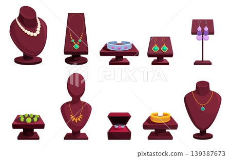 Cartoon jewelry mannequin stands. Gold silver luxury accessories for store showcase. Necklace, bracelets, earrings and rings in box, sapid vector clipart Cartoon jewelry mannequin stands. Gold silver luxury accessories for store showcase. Necklace, bracelets, earrings and rings in box, sapid vector clipart 139387673