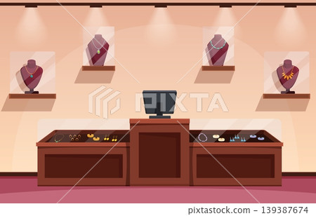 Cartoon jewelry store. Display case with precious gold and silver bracelets, earrings. Mannequins with necklaces and pendant chains. Sapid vector interior Cartoon jewelry store. Display case with precious gold and silver bracelets, earrings. Mannequins with necklaces and pendant chains. Sapid vector interior 139387674