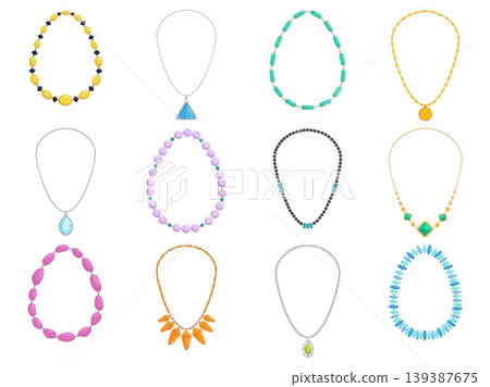Cartoon female necklace. Gold silver necklaces, with beads and pendants. Neck jewelry decorations for girl, woman with gemstones, jewel sapid vector accessories Cartoon female necklace. Gold silver necklaces, with beads and pendants. Neck jewelry decorations for girl, woman with gemstones, jewel sapid vector accessories 139387675
