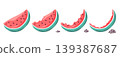 Eating watermelon. Juicy fruits slices, bites step by step. Eat juicy, vitamin-rich fresh fruit step by step. Cartoon watermelons and seeds, nowaday vector set 139387687