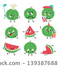 Watermelon characters. Juicy fruits cartoon mascots. Funny watermelons and slices with different emotions and poses. Adorable fruit nowaday vector set 139387688