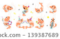 Adorable shrimps. Cartoon underwater animals, funny shrimp singing and play music. Seafood characters for restaurant menu, cute stickers, nowaday vector clipart 139387689