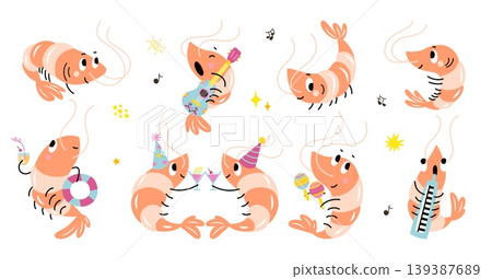 Adorable shrimps. Cartoon underwater animals, funny shrimp singing and play music. Seafood characters for restaurant menu, cute stickers, nowaday vector clipart Adorable shrimps. Cartoon underwater animals, funny shrimp singing and play music. Seafood characters for restaurant menu, cute stickers, nowaday vector clipart 139387689
