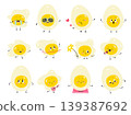 Eggs characters. Fried and cooked egg crying, in love, meditated, play music and doing exercises. Cartoon food for breakfast meals, nowaday vector set 139387692