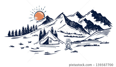 Camping in nature, Mountain landscape, sketch style, vector illustrations Camping in nature, Mountain landscape, sketch style, vector illustrations 139387700
