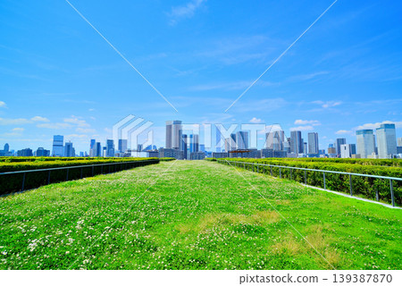 從豐洲市場屋頂綠地眺望春海的城市景觀。 從豐洲市場屋頂綠地眺望春海的城市景觀。 139387870