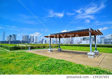 從豐洲市場屋頂綠地眺望春海的城市景觀。 從豐洲市場屋頂綠地眺望春海的城市景觀。 139387891