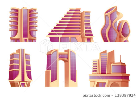 Futuristic buildings. Urban skylines reflective glowing houses exact vector cartoon buildings Futuristic buildings. Urban skylines reflective glowing houses exact vector cartoon buildings 139387924