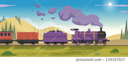 Steampunk background. Retro railway station with old style steam trains exact vector cartoon template Steampunk background. Retro railway station with old style steam trains exact vector cartoon template 139387927