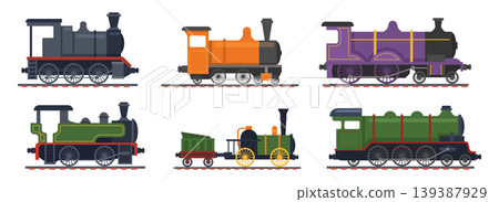 Steam trains. Vintage railway transport exact vector old style trains in cartoon style Steam trains. Vintage railway transport exact vector old style trains in cartoon style 139387929