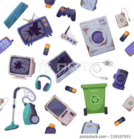 Recycling old equipment. seamless pattern with old damaged smartphones and computers Recycling old equipment. seamless pattern with old damaged smartphones and computers 139387931