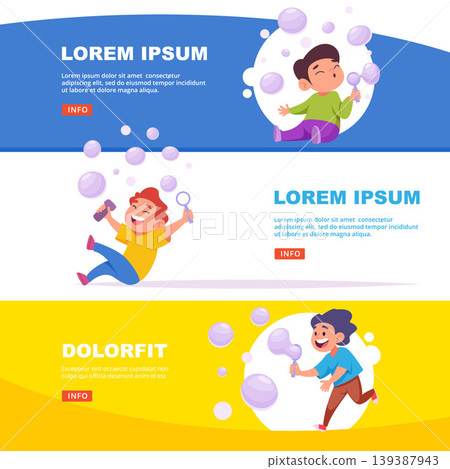 Happy characters. kids blowing foam bubbles. vector horizontal banners Happy characters. kids blowing foam bubbles. vector horizontal banners 139387943
