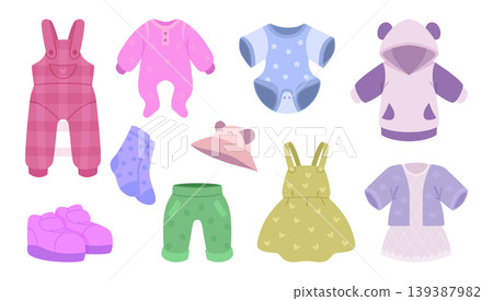 Baby clothes. Items and fashioned clothes for new born kids exact vector cartoon template 139387982