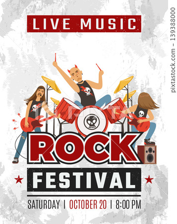Rock poster. placard invitation for rock festival. template design with rock band musicians 139388000