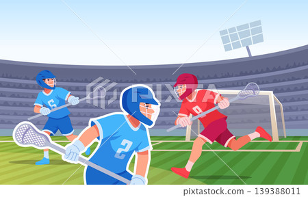 Lacrosse. college sport players playing lacrosse active game on field Lacrosse. college sport players playing lacrosse active game on field 139388011