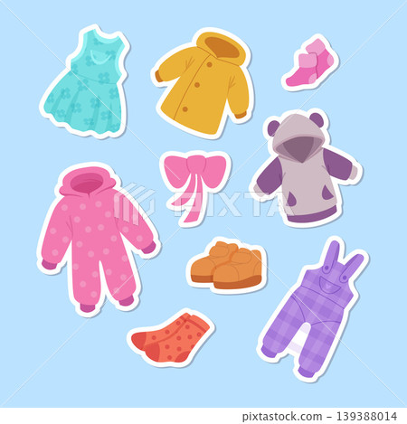 Baby clothes. sticky pictures of different clothes for kids. vector template Baby clothes. sticky pictures of different clothes for kids. vector template 139388014