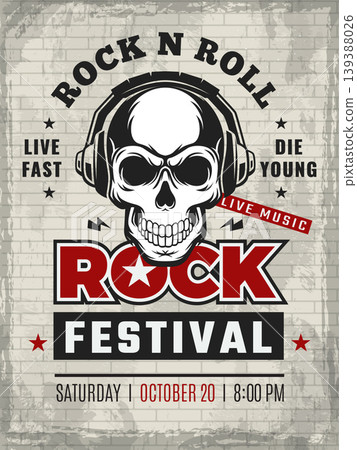 Rock festival. placard with skull in headphones. vector template 139388026