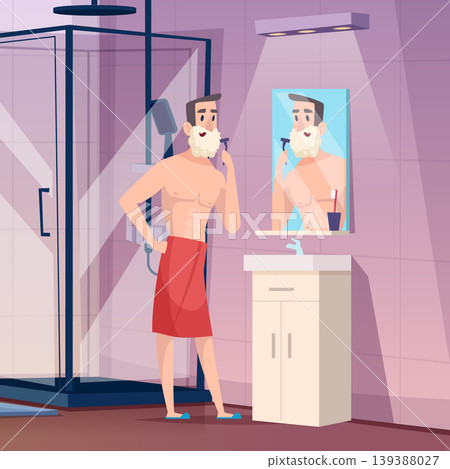Man shaving. male daily morning routine. vector cartoon background of bathroom interior Man shaving. male daily morning routine. vector cartoon background of bathroom interior 139388027