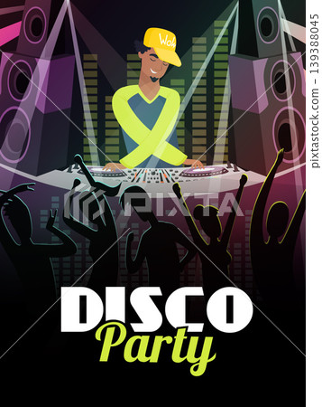 Disco party. music dj playing vinyl at disco show 139388045