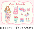 mothers day mom and daughter hug with gift carnation bouquet and accessories cute cartoon vector flat design 139388064