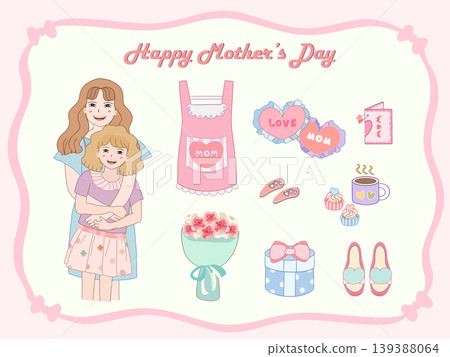 mothers day mom and daughter hug with gift carnation bouquet and accessories cute cartoon vector flat design mothers day mom and daughter hug with gift carnation bouquet and accessories cute cartoon vector flat design 139388064