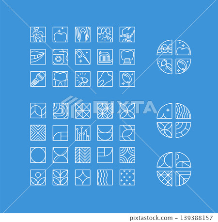 Dental quadristic icons and labels set blue Dental quadristic icons and labels set blue 139388157
