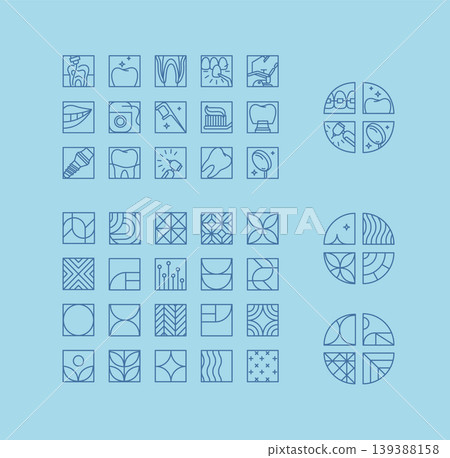 Dental quadristic icons and labels set light blue Dental quadristic icons and labels set light blue 139388158